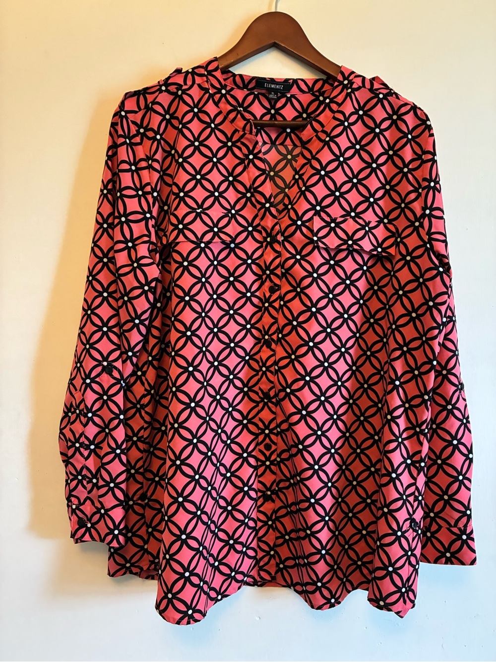Elementz Pink and Black Geometric Button-Up Blouse
